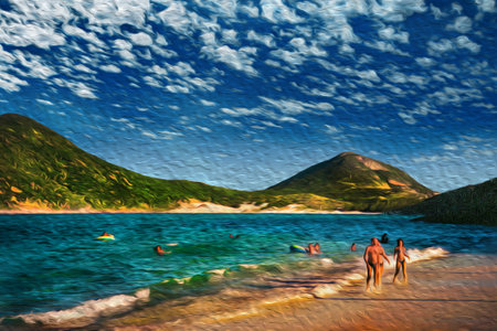 People having fun on a large tropical beach with calm sea at Arraial do Cabo. In a Brazilian region of stunning coastal beauty. Oil paint filter.の写真素材