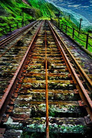 Train tracks of an old disused railway line over the bridge in the rainforest near Paranapiacaba. A small railway village in Brazil. Oil paint filter.の写真素材