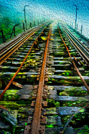 Train tracks of an old disused railway line over the bridge in the rainforest near Paranapiacaba. A small railway village in Brazil. Oil paint filter.の写真素材