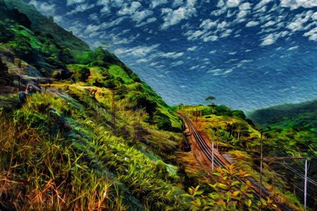 Train tracks of a railway line going through a steep slope in a rainforest near Paranapiacaba. A small railway village in Brazil. Oil paint filter.の写真素材