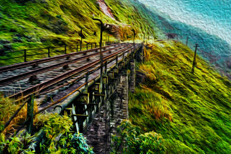 Train tracks of an old disused railway line over the bridge in the rainforest near Paranapiacaba. A small railway village in Brazil. Oil paint filter.の写真素材