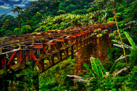 Train tracks of an old disused railway line over the bridge in the rainforest near Paranapiacaba. A small railway village in Brazil. Oil paint filter.の写真素材