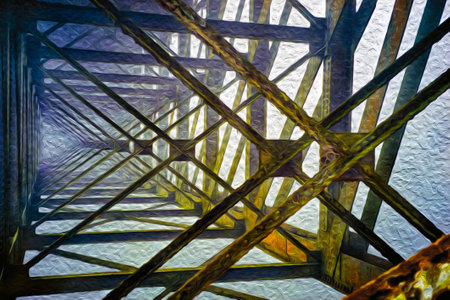 Mist and rusted iron beams under bridge, from an old disused railway line near Paranapiacaba. A small railway village in Brazil. Oil paint filter.の写真素材