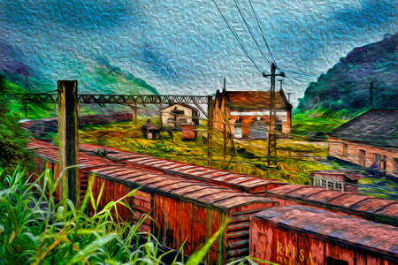Composition of rusty trains on a disused train station in Paranapiacaba. A small railway village in the Brazilian countryside. Oil paint filter.の写真素材