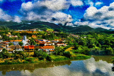 Hilly landscape covered by forest and a small village on riverbank in the Petar Park. The famous region for cave tourism in Brazil. Oil Paint filter.の写真素材