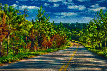 Paved road shaded by trees in a rural landscape at the Petar Park. A region famous for cave tourism in the Brazilian countryside. Oil Paint filter.の写真素材