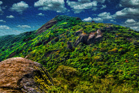 Rural landscape of rocky cliffs and valleys covered by forest near Monte Verde. A very popular village by its ecotourism in Brazil. Oil Paint filter.の写真素材