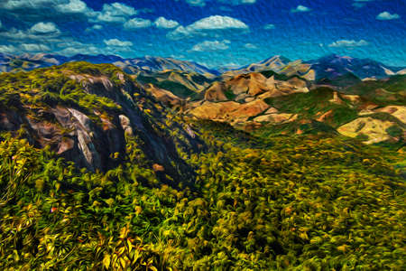 Rural landscape of rocky cliffs and valleys covered by forest near Monte Verde. A very popular village by its ecotourism in Brazil. Oil Paint filter.の写真素材