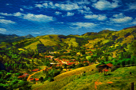 Small village on hilly landscape with valleys covered by forest at the Mantiqueira Ridge, in the Brazilian countryside. Oil Paint filter.の写真素材