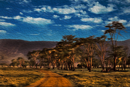 Trees and road in flat prairie at the Ngorongoro conservation area. A wildlife park located in the African savanna of Tanzania. Oil paint filter.の写真素材