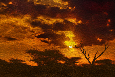 Sunset with silhouette of trees in the Serengeti National Park. A conservation area with wildlife in the African savanna of Tanzania. oil paint filterの写真素材