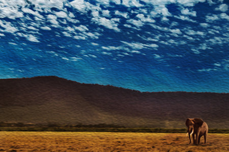 Elephant in parched pasture at the Ngorongoro conservation area. A wildlife park located in the African savanna of Tanzania. Oil paint filter.の写真素材