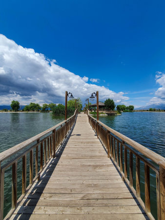 wooden bridge over the lakeの写真素材