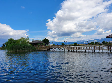 wooden bridge over the lakeの写真素材