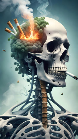 Human skull with smoking cigarette in smoke. 3D Illustration.の素材