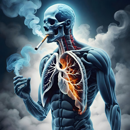 Conceptual anatomical human or man body with smoking cigarette over dark backgroundの素材