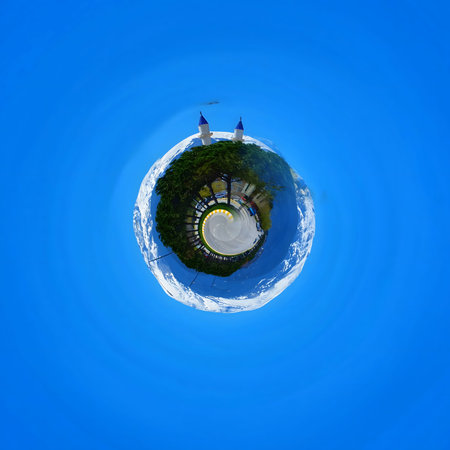 Little planet 360 degree panorama with beautiful blue sky and clouds.