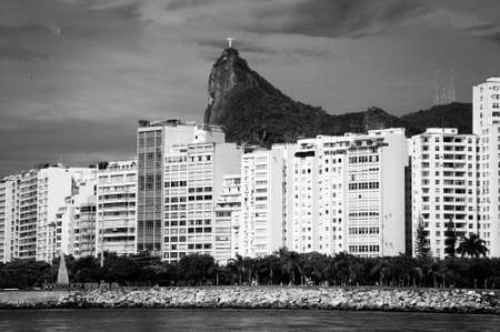 Cristo Redentor as seen from a boat in the Baia de Guanabara in Rio de Janeiroの写真素材
