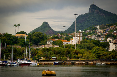 Cristo Redentor as seen from a boat in the Baia de Guanabara in Rio de Janeiroのeditorial素材