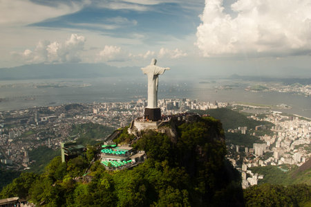 Aerial view of Christ the Redeemer statue and city of Rio de Janeiro, Brazil.のeditorial素材