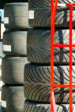 Close-up of stacks of racing car tires, Homestead, Miami, Miami-Dade County, Florida, USAの写真素材