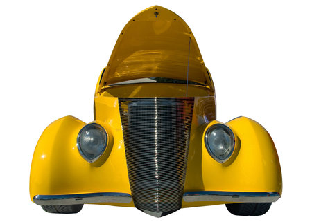 A yellow classic car with the hood popped on a white background.の写真素材
