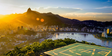 Aerial view of buildings on the beach front, Botafogo, Guanabara Bay, Rio De Janeiro, Brazilの写真素材