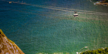 Overhead cable car moving over the ocean, Rio De Janeiro, Brazil