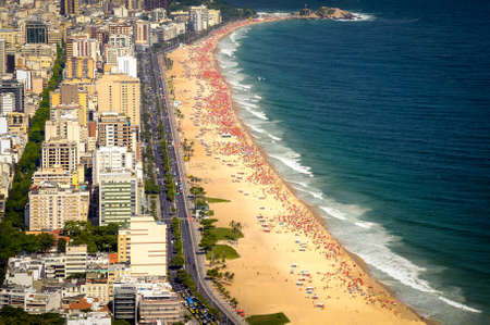 Aerial view of buildings on the beach front, Ipanema Beach, Rio De Janeiro, Brazilの写真素材