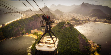 Overhead cable car approaching Sugarloaf Mountain, Rio De Janeiro, Brazil