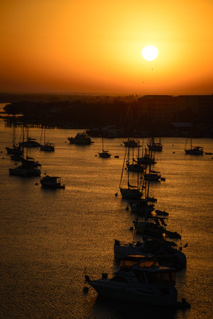 Silhouette of boats in the Atlantic ocean, Fort Myers, Lee County, Florida, USAの写真素材