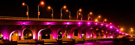 Bridge lit up at night, Miami, Miami-Dade County, Florida, USAの写真素材