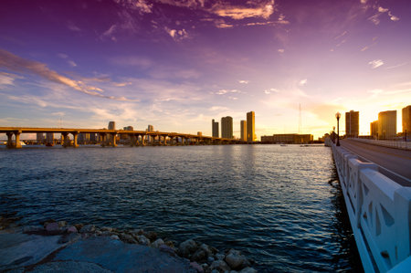 Bridge with skyscrapers in the background, Venetian Causeway, Venetian Islands, Biscayne Bay, Miami, Florida, USAの写真素材