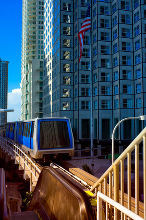 Monorail moving on a railroad track in Downtown Miami, Miami, Florida, USAの写真素材