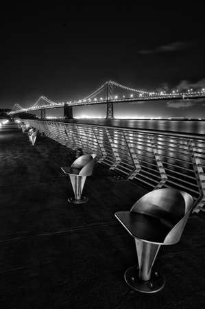 Suspension bridge lit up at night, Bay Bridge, San Francisco Bay, San Francisco, California, USAの写真素材