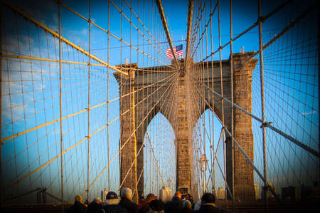 Low angle view of a suspension bridge, Brooklyn Bridge, Brooklyn, New York City, New York State, USAの写真素材