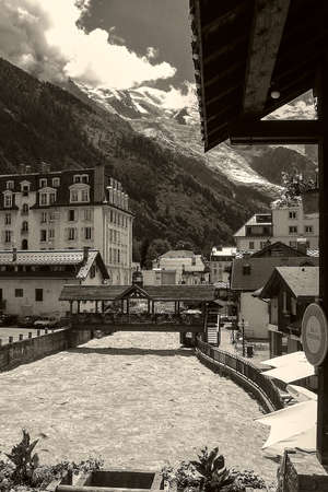 Houses in a town with mountain in the background, Chamonix, Rhone-Alpes, Franceのeditorial素材