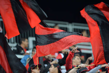 Rio, Brazil - jun 21, 2017: Fans flags in match between Flamengo and  Ponte Preta by the Brazilian championship in Ilha do Urubu Stadiumのeditorial素材