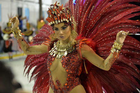 Rio de Janeiro, RJ/Brazil - February 09, 2018: Samba School parade in Sambodromo. Unidos de Bangu during festival at Marques de Sapucai Street. Queen of Percussion Lexa.のeditorial素材