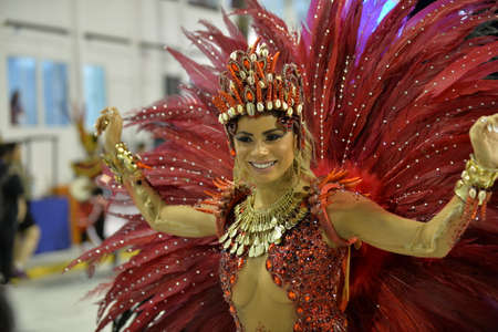 Rio de Janeiro, RJ/Brazil - February 09, 2018: Samba School parade in Sambodromo. Unidos de Bangu during festival at Marques de Sapucai Street. Queen of Percussion Lexa.のeditorial素材