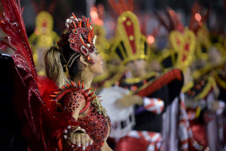 Rio de Janeiro, RJ/Brazil - February 09, 2018: Samba School parade in Sambodromo. Unidos de Bangu during festival at Marques de Sapucai Street. Queen of Percussion Lexa.のeditorial素材