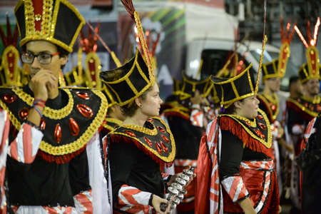 Rio de Janeiro, RJ/Brazil - February 09, 2018: Samba School parade in Sambodromo. Unidos de Bangu during festival at Marques de Sapucai Streetのeditorial素材