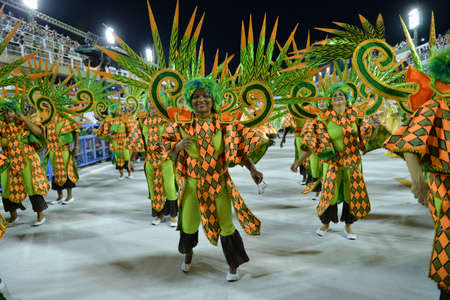 Rio de Janeiro, RJ/Brazil - February 09, 2018: Samba School parade in Sambodromo. Unidos de Bangu during festival at Marques de Sapucai Streetのeditorial素材