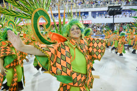 Rio de Janeiro, RJ/Brazil - February 09, 2018: Samba School parade in Sambodromo. Unidos de Bangu during festival at Marques de Sapucai Streetのeditorial素材