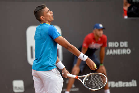 Rio de Janeiro, Brazil - february 20, 2017: Thiago MONTEIRO (BRA) x Pablo Cuevas (URU) classificatory game during Rio Open 2018 held at the Jockey Club Brasileiro.のeditorial素材