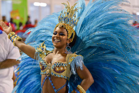 Rio de Janeiro, RJ/Brazil - february 09, 2018: Samba School parade in Sambodromo. Academicos do Sossego during festival at Marques de Sapucai Street. Muse Samantha Floresのeditorial素材