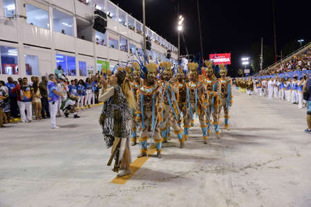 Rio de Janeiro, RJ/Brazil - february 09, 2018: Samba School parade in Sambodromo. Academicos do Sossego during festival at Marques de Sapucai Street. Muse Samantha Floresのeditorial素材