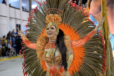 Rio de Janeiro, RJ/Brazil - february 09, 2018: Samba School parade in Sambodromo. Academicos do Sossego during festival at Marques de Sapucai Street. Muse Samantha Floresのeditorial素材
