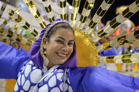 Rio de Janeiro, RJ/Brazil - february 09, 2018: Samba School parade in Sambodromo. Academicos do Sossego during festival at Marques de Sapucai Street. Muse Samantha Floresのeditorial素材
