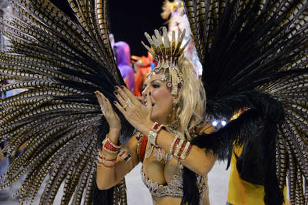 Rio de Janeiro, RJ/Brazil - february 09, 2018: Samba School parade in Sambodromo. Academicos do Sossego during festival at Marques de Sapucai Street. Muse Samantha Floresのeditorial素材